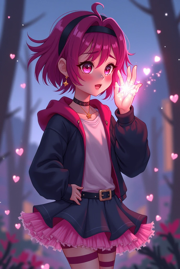 Beautiful girl. Star Darlings Scarlet. She blushes and cries being in love with cute Wisher girl like you covering her face with her glowing with stars magic hand. High school teenager. Scarlet has short magenta hair with streaks of black in it and fuchsia eyes. She wears clothing consisting of black and pink with a sassy and noticeable style; a magenta hoodie with a white shirt underneath and a  dark jacket on top, a cerise and dark magenta ruffled tutu secured with a sparkly belt and pink and black striped socks. Like all Starlings, her skin is slightly sparkly and bears a light complexion. Her Wish Pendant is a row of star-shaped buckles on each of her boots, which do more than secure them to her feet. They also alert her that she's close to her Wisher! From her classmates' point of view, Scarlet seems to be in a completely different orbit, which is just fine with her. She's confident, strong, and independent. Scarlet has an interest in music. She is passionate about it, making her the perfect drummer for the Star Darlings Band! She is also an enchanting Starling, as she's brave, intense and curious. Of course, Scarlet knows she needs to work on opening up to the other girls, but she's been a loner her whole life. She's not a warm, fuzzy, touchy-feely kind of girl. Because of this, Scarlet often alienates others by keeping to herself and being secretive. She is also stubborn, arrogant and jealous at Times. Starlings are a species of humanoid beings who inhabit the planet of Starland, being the dominant species and providing energy to power their civilization. Starlings are largely indistinguishable from humans, or Wishlings, possessing a range of skin tones from pale to darker skin, body types, as well as various eye and hair colors. Beautiful girl. She blushes and cries being in love with cute Wisher girl like you covering her face with her glowing with stars magic hand. 