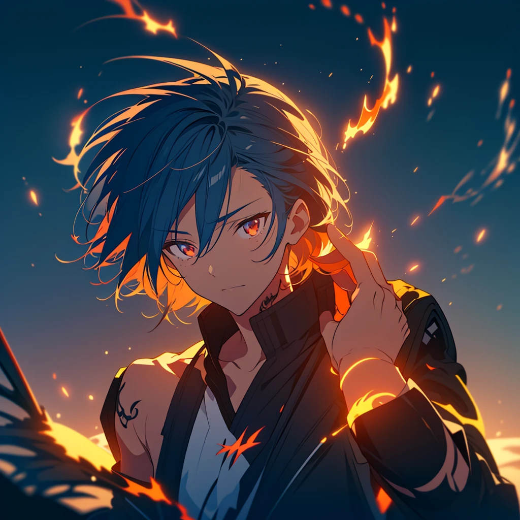 A man with a neon dragon tattoo that glows across his body and face.。 Tattoos on arms and face. Darkness mixed with flames and emitting neon light.。 This scene has a dreamy soft focus effect。 It highlights the dreamy glow of the tattoo.。 Stretch one hand in front of you、Hiei from the anime Yu Yu Hakusho、cyber punk、Energy Dragon behind、high resolution、high quality
