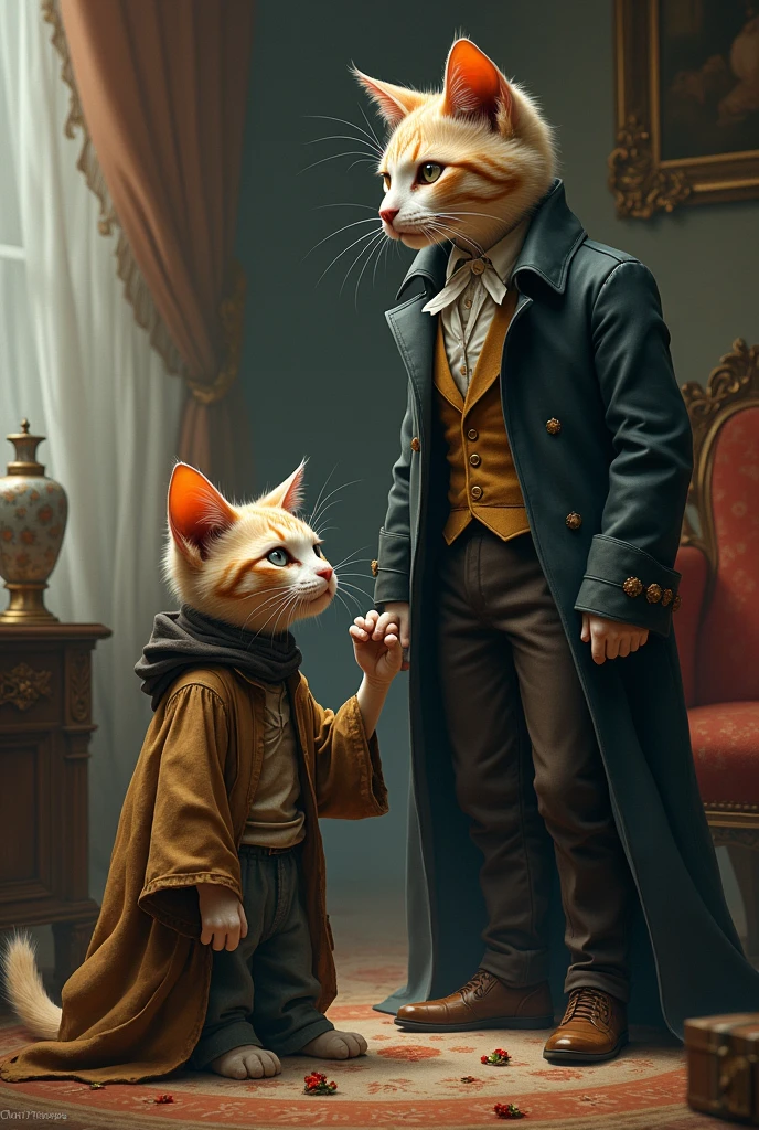 a human like cat wearing homeless human clothes who look like human begging for food to rich well dressed cat

