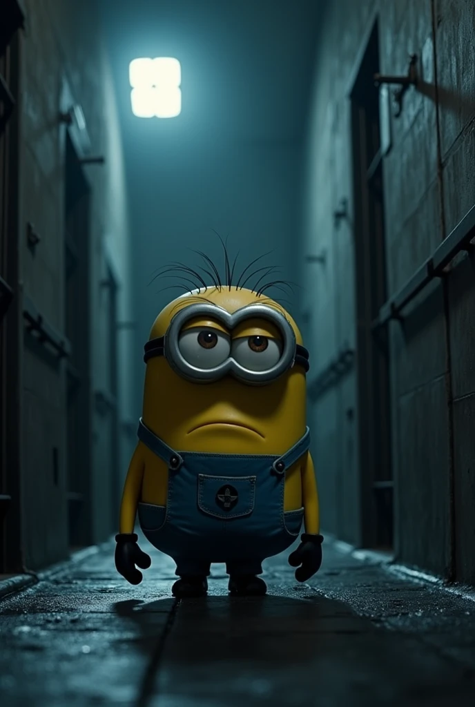 the kevin sad  minion staying at prison at night