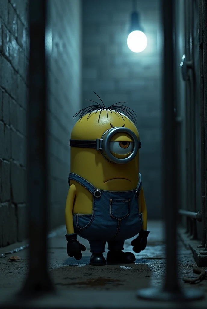 the kevin sad  minion staying at prison at night
