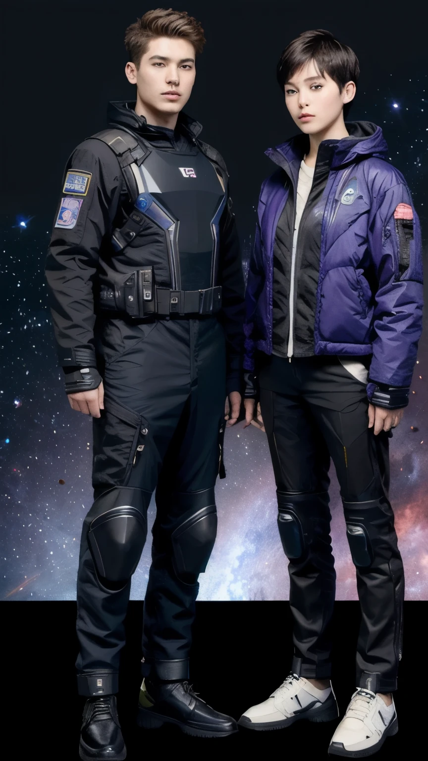 277 (20-year-old woman,short hair), (20-year-old male), Are standing, flower, Futuristic clothing, machinery suit, (The background is a galaxy and nebula)