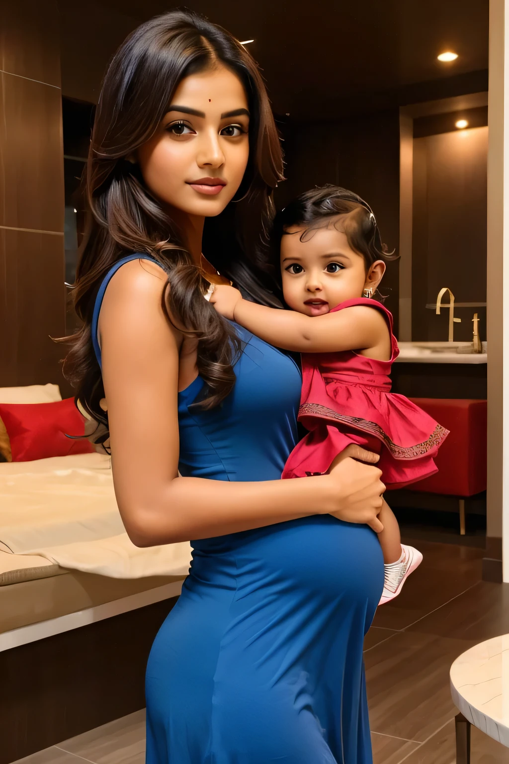 12 years cute beautiful face with hot indian super bowl girl only with his 5 years cute little beautiful baby pic with pregnant with stylish Rose colour modern trending hot sexy dress with hot full size romantic hot moody pic