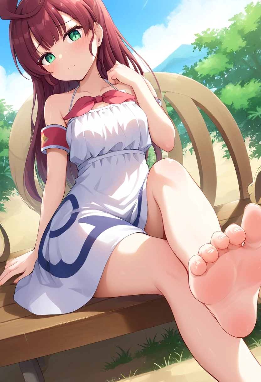 A girl with long hair sitting on a wooden bench on a beach and a boy lying on the ground next to her.A photo with the name HIRU on the girl's dress and ADHI on the boy's armband.foot focus,barefoot