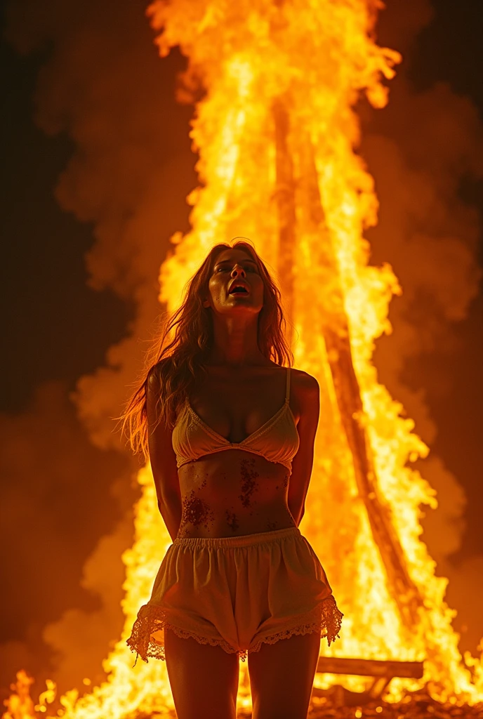 Huge tall inferno covering young Reese Witherspoon, screaming in agony and anguish, fully covered in fire, engulfed in flames, a tall wooden pole is directly behind her, her arms are pulled behind her, her skin is charred and burned, chest-up