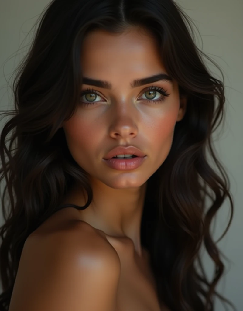 full body portrait of a captivating young woman with a warm, bronzed complexion. She has intense olive-green eyes, framed by thick, arched eyebrows that enhance her deep gaze. Her long, dark, and wavy hair falls naturally and slightly tousled around her angel face and shoulders. Her full, naturally toned lips are slightly parted, adding to her serene yet enigmatic expression. The nose is straight and well-proportioned, complementing her delicate facial features. The overall mood of the portrait should evoke natural beauty and a sense of calm with a hint of mystery