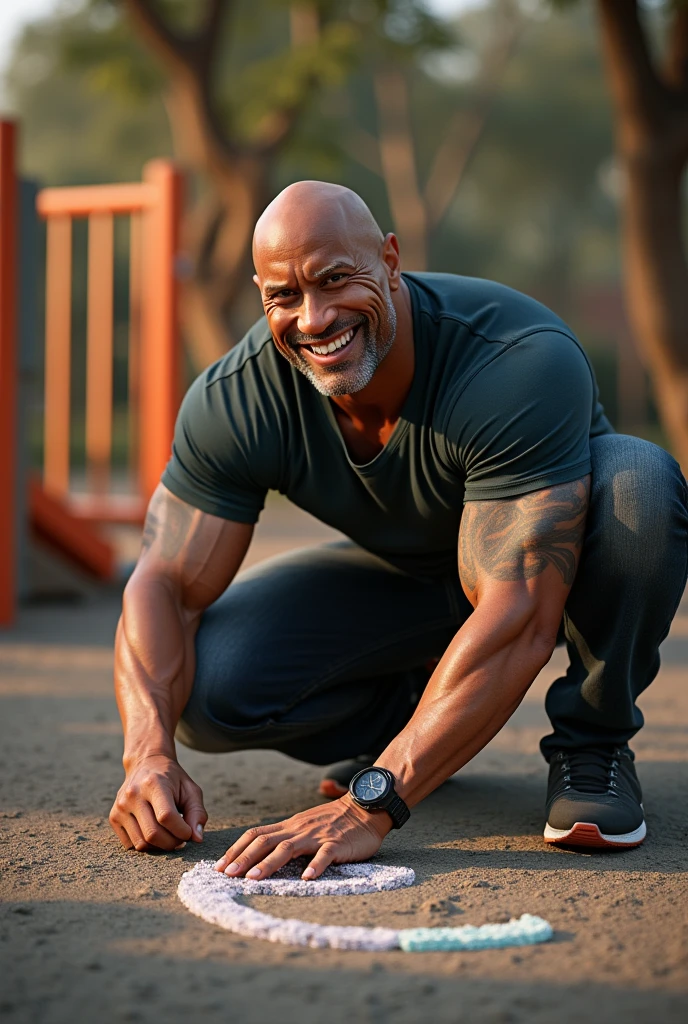 Dwayne Johnson, smiling widely at the premiere of his new movie, 'Behold,' is depicted in a hyper-realistic, intricately woven tapestry. In the scene, he is writing the letter 'E' with chalk on the ground. The setting is a softly lit playground or park, rendered in 8K resolution. This marvel of art, trending on ArtStation, is imagined with the finesse and attention to detail reminiscent of a Leonardo da Vinci masterpiece."
