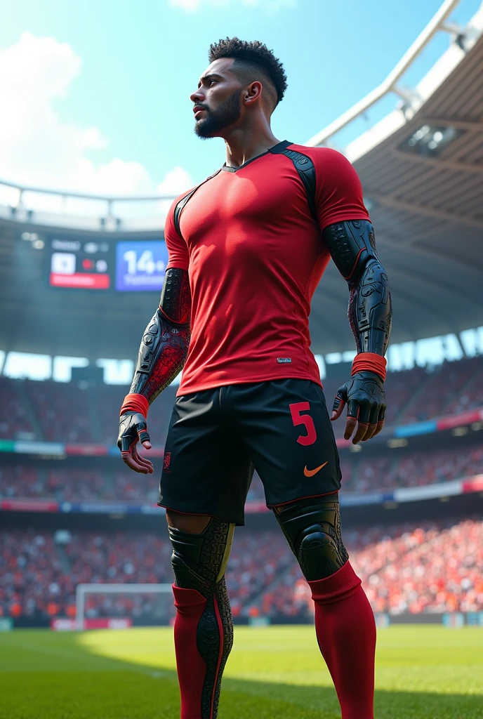 Futuristic football player in crowded stadium on sunny day uniform red shirt black shorts