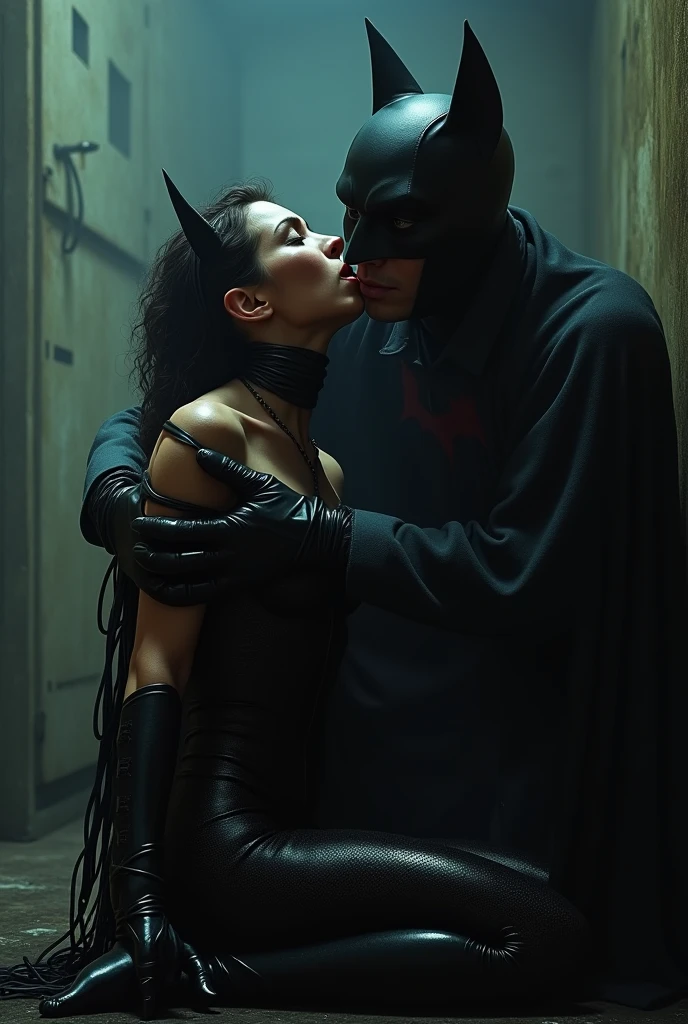 (8k, best quality, photorealistic, realisti, ​masterpiece), Catwoman, sexly, Nice, hot, horrified, gasping for air, screaming, is strangled by Lincoln Clay, who grabs her by the neck, strangle, choke, Catwomans Hals, Niceer Hals, Catwomans Long Neck, Choking, while she sits tied up on the floor in a basement. 