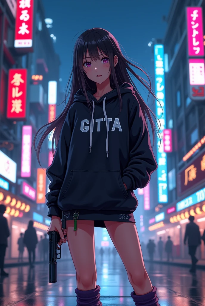 Create a character anime, {background: capital text “GLBK”, night city}, tanned skin,
realistic, HDR, beautiful, japan style, full body, use piastol, age 20, hoodie HD text: “GITTA”, female, long hair