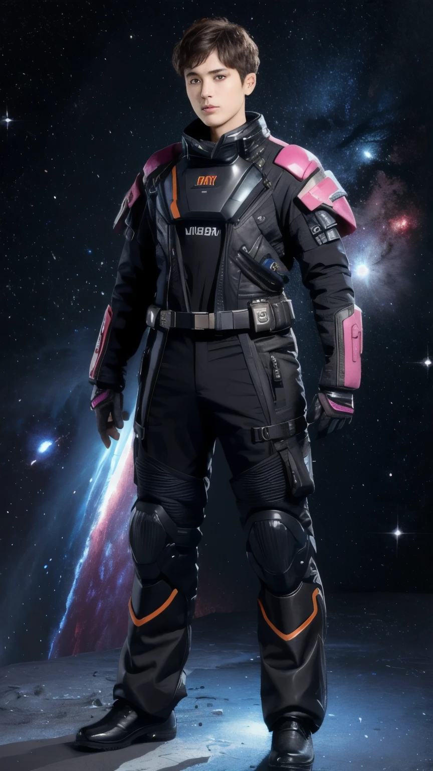 277 (20-year-old woman,short hair), (20-year-old male), Are standing, flower, Futuristic clothing, machinery suit, (The background is a galaxy and nebula)