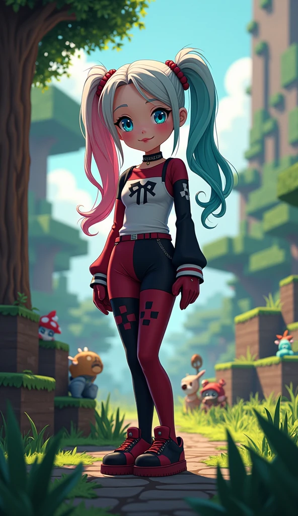 score_9, score_6_up, source_anime, [source_anthro], rating_safe, [rating_explicit],

full body portrait, body focus, front view, best quality, (wide shot), highly detailed face, perfect lighting,   

1girl, solo, adult, Harley Quin, two tone hair, hair with two bangs, happy face, (stand near tree), slit pupils, 

(minecraft animals), minecraft detailed world background,
detailed background, detailed foreground, depth of field, ambient silhouette, backlighting