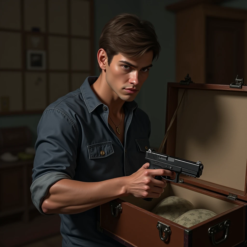 Young man, clean shaven, taking a glock that had been kept in a trunk in his house for a long time
