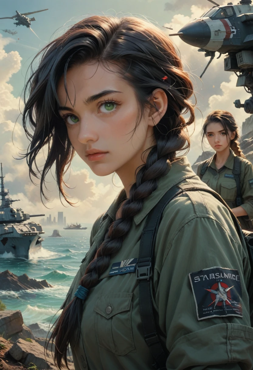 movie poster,((braided hairstyle : 1.5)),Anime reference 86 ,Science fiction,Science fiction,Movie,War Action Movie,Cosmos,atmosphere,sky,Battleship,several characters,women,Adults,green eyes,black hair,(Pia's Hairstyle with Bangs) : 1.8 ),(red glasses),General uniform,White commander uniform,Realistic facial details,Realism,3D face,