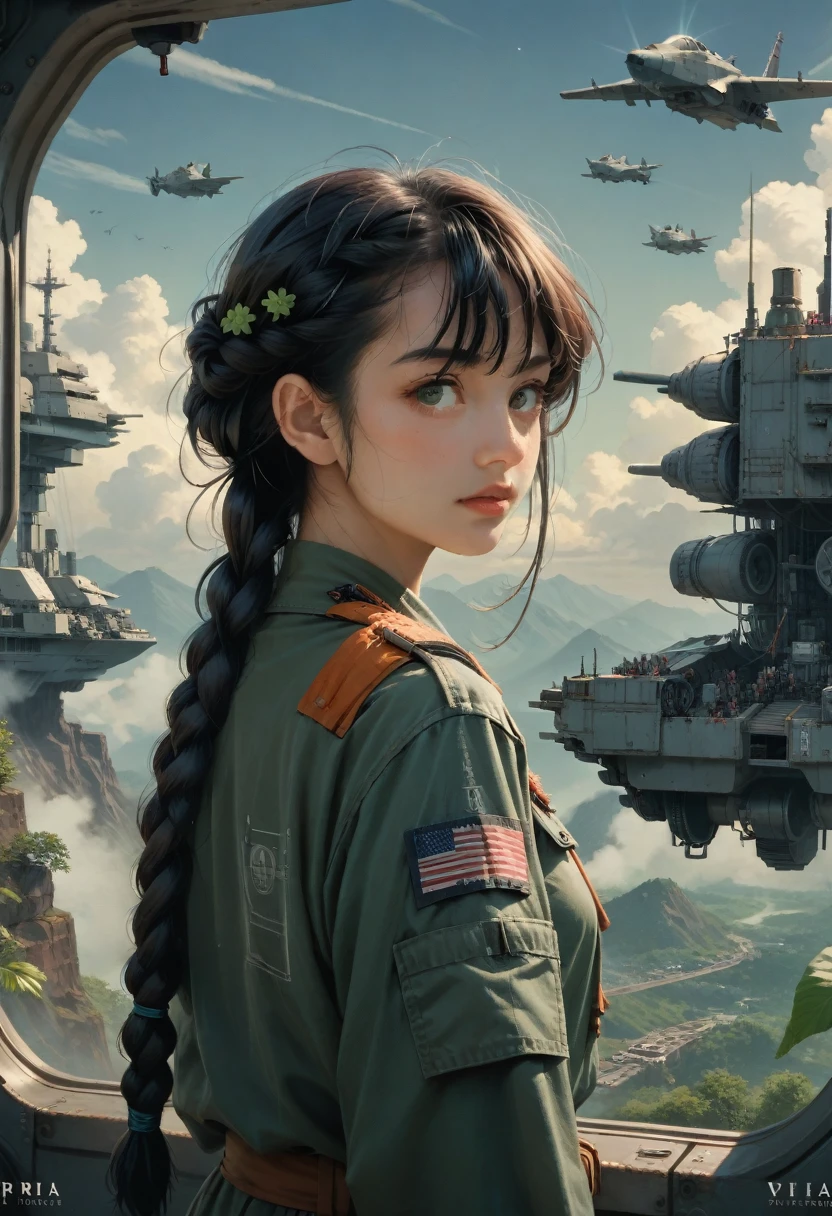 movie poster,((braided hairstyle : 1.5)),Anime reference 86 ,Science fiction,Science fiction,Movie,War Action Movie,Cosmos,atmosphere,sky,Battleship,several characters,women,Adults,green eyes,black hair,(Pia's Hairstyle with Bangs) : 1.8 ),(red glasses),General uniform,White commander uniform,Realistic facial details,Realism,3D face,