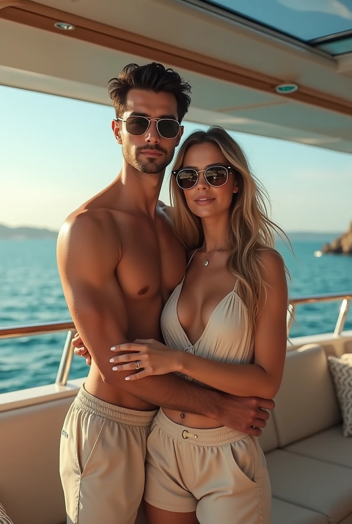 (Photorealism:1.1) a couple man dark brown hair and brown eyes together with a woman blonde green eyes long hair  in dentro de um yatch usando óculos Rayban 8k ultra realistic super detailed