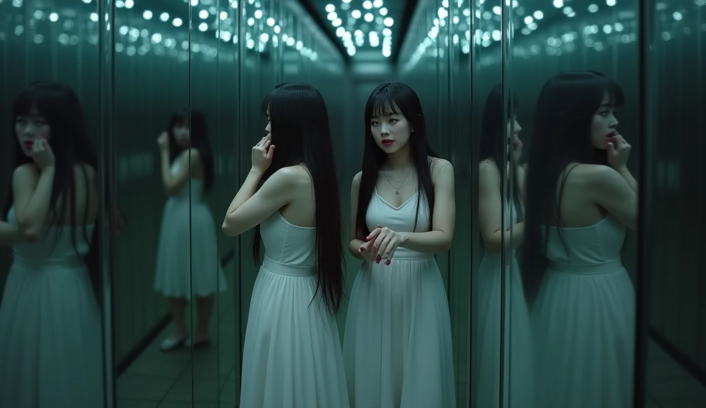 (8k, highest quality), ultra detail, highest quality, ultra-high resolution, professional lighting, photon mapping, radiosity, physically based rendering, cinematic lighting, depth of field, focusing, good composition, 2 women, (full body), fear, scared, tension, horror theme, looking behind, constriction, white skirt, a little bit of dark effect, (mirror maze, The mirrors distort her reflection, creating an eerie atmosphere) hand {fingers} Kawaii {finger} hand.
