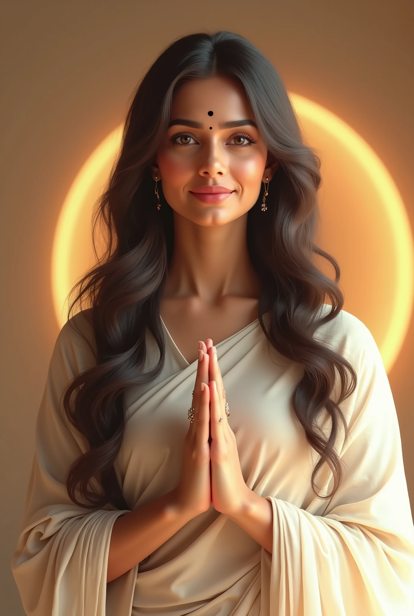 Create an image of a female Indian TV anchor designed for a devotional TV channel. She should have a serene and peaceful expression on her face, conveying deep devotion and spirituality. The anchor is dressed in traditional Indian attire, such as a sari, in soft, calming colors like white, cream, or light yellow. The background should include elements that evoke a spiritual atmosphere, such as a temple, soft glowing light, or traditional religious symbols. Her hands may be gently folded in a respectful gesture, and her eyes should reflect a deep sense of peace and reverence