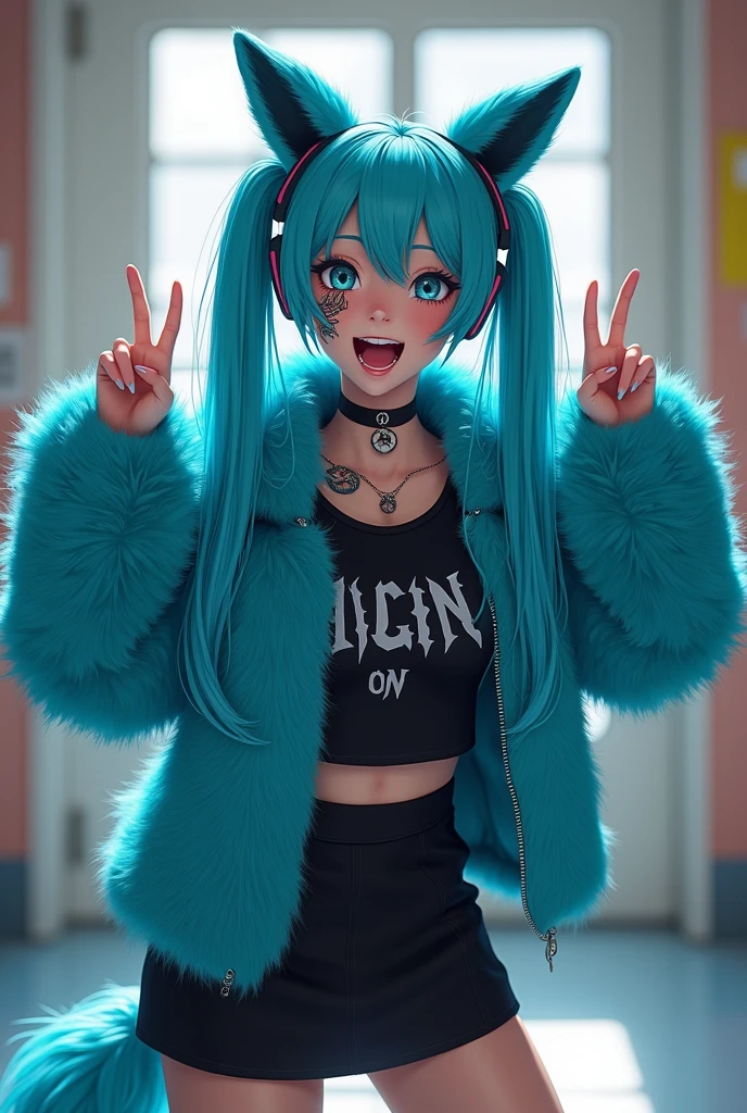 Miku Hatsune, high definition add_detail:1, blue fur,kitsune ears, tribal tattoo add_detail:1 cute high school clothes, pretty girl add_detail:3 1 girl, short black lycra, black metal t shirt, flirty look add_detail:3, hands rock sign, shouting add_detail:1 huge breast