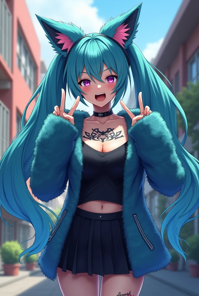Miku Hatsune, high definition add_detail:1, blue fur,kitsune ears, tribal tattoo add_detail:1 cute high school clothes, pretty girl add_detail:3 1 girl, short black lycra, black metal t shirt, flirty look add_detail:3, hands rock sign, shouting add_detail:1 huge breast