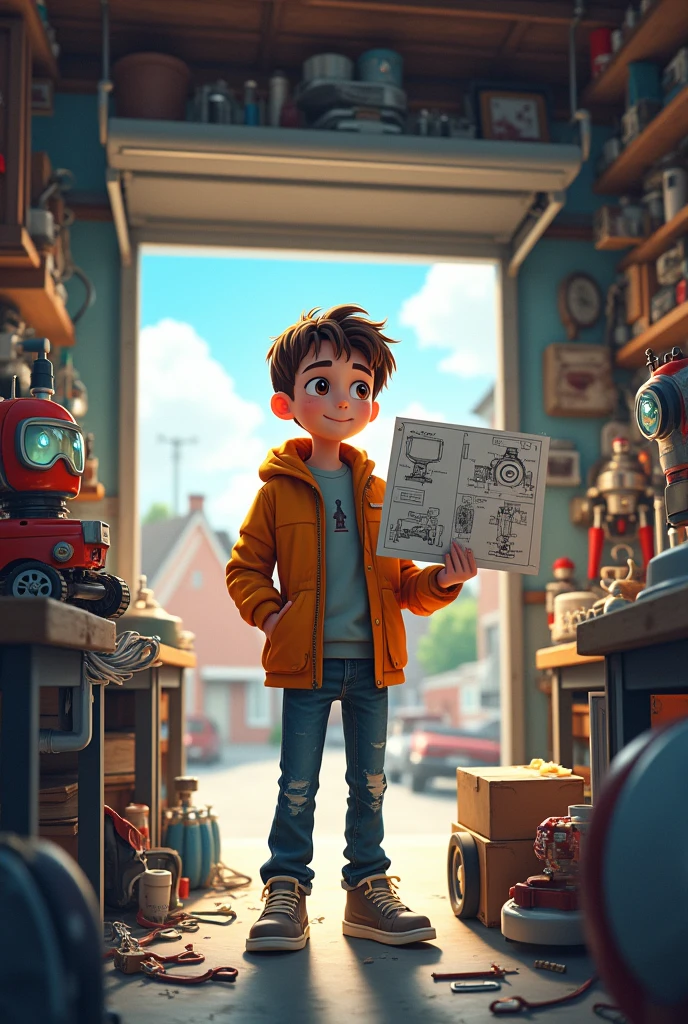 For a picture prompt that captures the essence of Ethan's story, imagine the following scene:
---
**Picture Prompt:**
A young boy, around sixteen, stands proudly in his cluttered garage workshop. He’s surrounded by tools, circuit boards, and various mechanical parts. In the center of the garage, a small, homemade robot with blinking lights and movable parts is on display. The boy, with a look of determination and excitement, is holding a blueprint for a futuristic gadget. In the background, a window shows a glimpse of the small town outside, symbolizing his journey from humble beginnings to achieving his dreams.
---
This image should evoke Ethan's passion for technology, his creative workspace, and his aspiration to make a difference through his inventions.