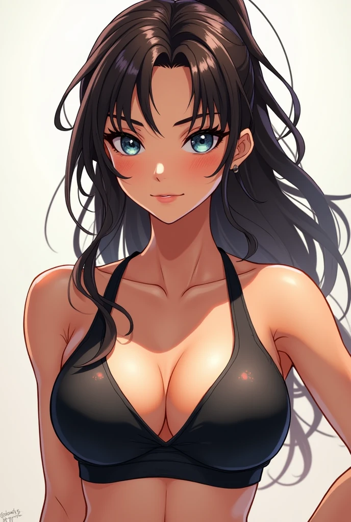 1girl, anime, big chest, black sports bra