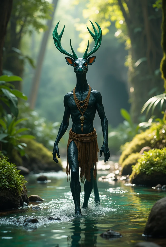 Reptilian with an elegant body and shiny black scales, wearing an emerald crown shaped like a deer's antler and dressed in simple tribal clothing, walks along a crystal clear stream in the deep forest, at the end there is the entrance to a cave