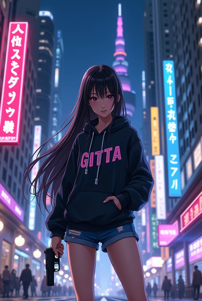 Create a character anime, {background: capital text “GLBK”, night city}, tanned skin,
realistic, HDR, beautiful, japan style, full body, use piastol, age 20, hoodie HD text: “GITTA”, female, long hair