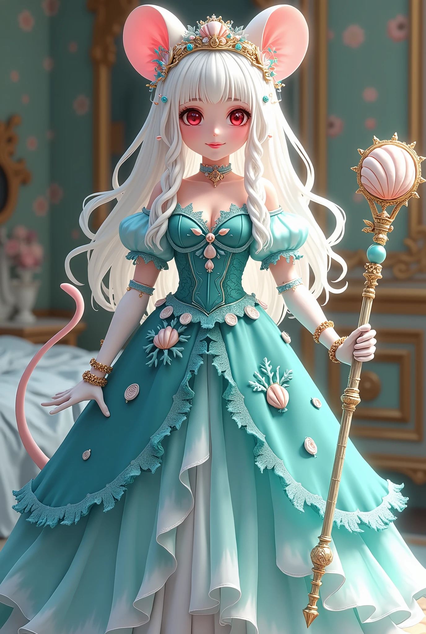(best quality,4k,8k,highres,masterpiece:1.2), ultra-detailed, Pretty albino girl has a princess of the sea, drawn in 2D anime style, steampunk, wearing a iridescent turquoise princess gown with puffy sleeves, steampunk, gorgeous frilly dress design,flowing gown, elaborate lace details,rich textures,contrast stitching,delicate ribbon bows, seashells embroidery, full skirt with ocean wave pattern,short sleeves,fitted waistline,translucent flowing layered sleeves,lace-up back,luxurious fabrics,flawless silhouette, very long curly white hair and red eyes, white fur, smiling, mouse ears and tail, ribboned high heels, white elbow evening gloves, gold bracelets, tiara made of seashells, beautifully detailed lips with lipstick, long eyelashes, eyeshadow, seashell necklace, in a castle bedroom with intricate decoration and luxurious furniture, flower wallpaper, she is holding a magic staff made of seashells and pearls.