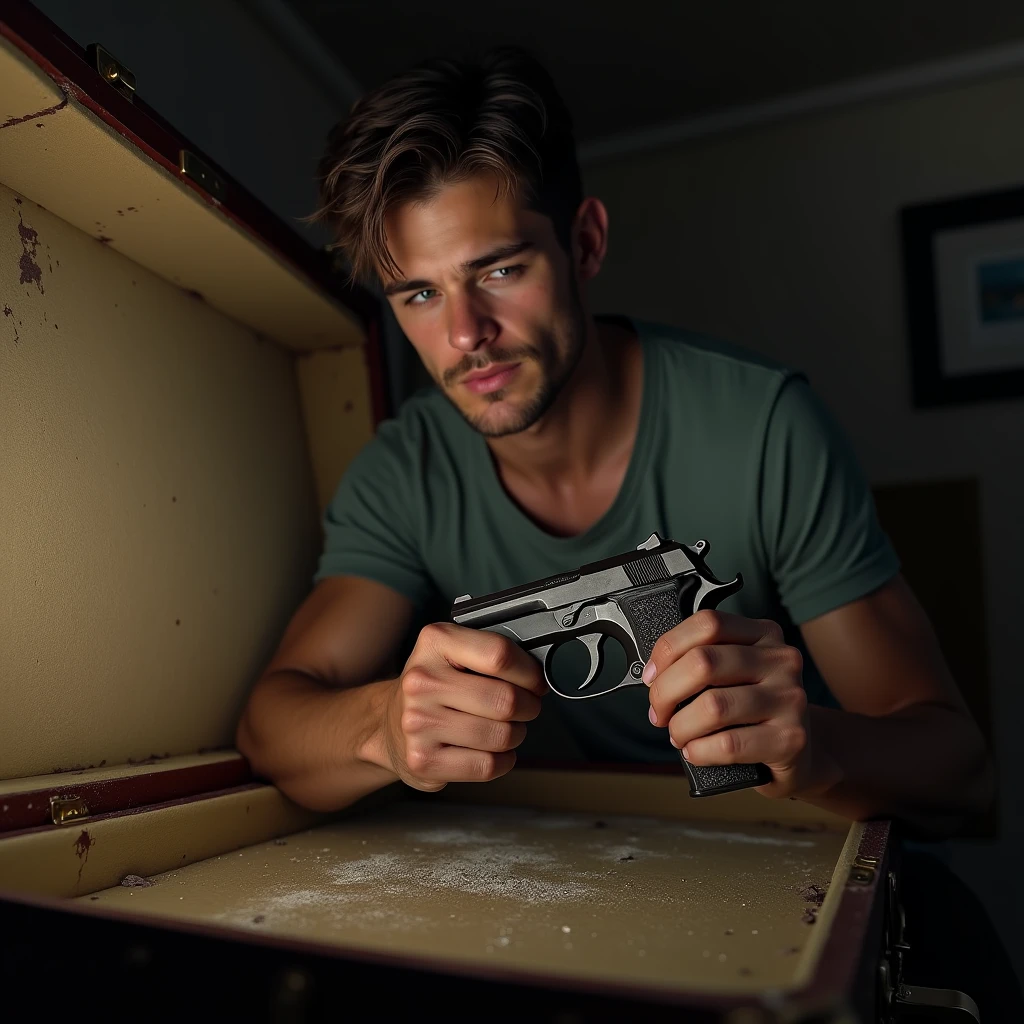 Young man, clean shaven, taking a .38 caliber pistol that had been kept for a long time in a trunk in his house