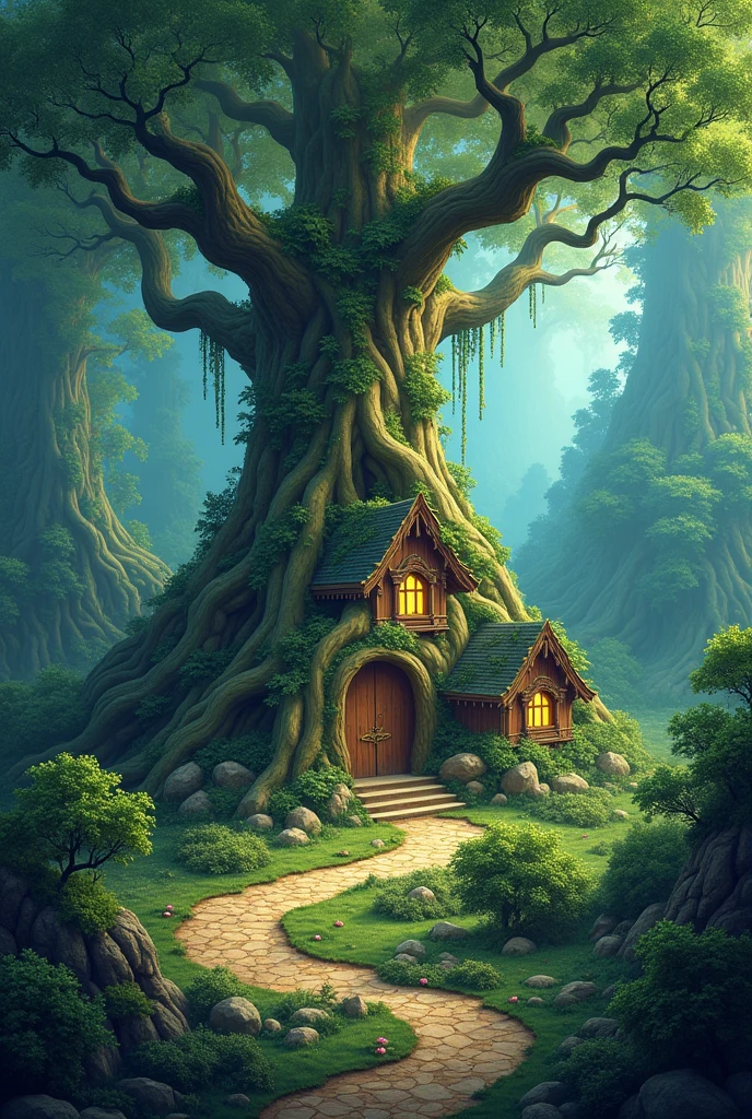 Map of the village in the Elf Forest , You must mark the place where the arms and supplies market is located., (A giant ancient tree towers over a small village.), Leaves and roots spread outward, Surreal and fantastic environment ,In a fantasy world