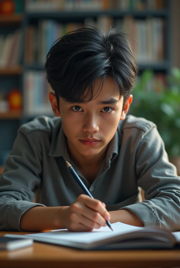 (photorealism:1.2), Handsome student, stressed out, academically striving, highschool student.