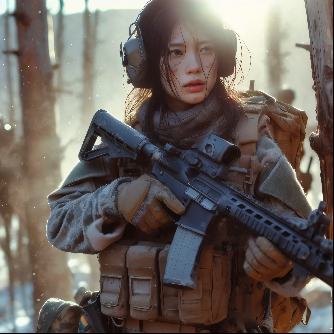 8k, Realistic photos, Realistic skin texture, Beautiful Japanese women serving in the US military、In the winter forest、explosion、Nick、
、They are yelling for immediate evacuation..、Automatic rifle、Bulletproof vest、Back back、boots、Covered in scars、Stern expression、Dynamic pose、Innovative Configuration、Dust is flying、fiction、My breath is white from the cold、wood々The sun shines between
