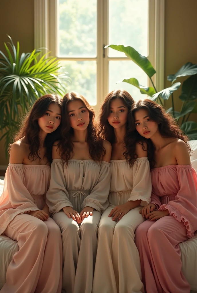 (photorealism:1.2), 4 beautiful ladies, sitting on bed, wearing loose off-shoulder top, pajama pants, long curly hair, indoors, soft lighting, plants in background, window with sunlight, cozy room, relaxed pose, realistic, intricate details, warm colors, by Greg Rutkowski, by Alphonse Mucha school uniform , scary background