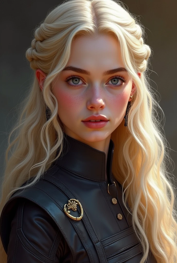 Rhaenyra Targaryen. Golden hair and violet eyes.