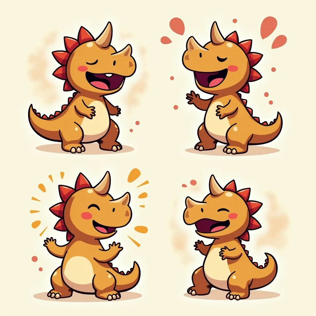 Chibi Style, Four-panel comic strip, dot halftone, Flat Color, Laughing Triceratops,Laughing with your stomach in the air,color々How to laugh,Triceratops is a baby