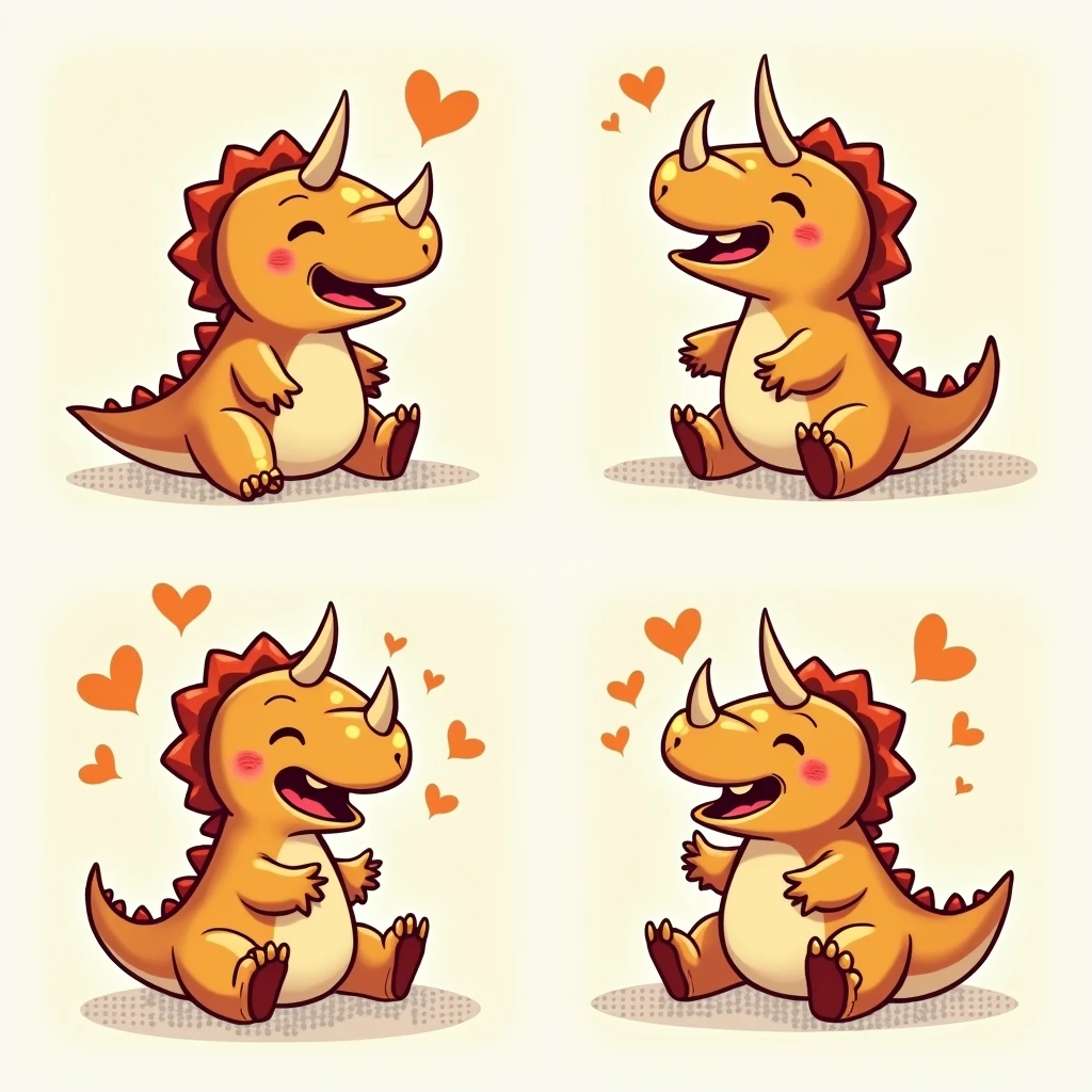 Chibi Style, Four-panel comic ?????, dot halftone, Flat Color, Laughing Triceratops,Laughing with your stomach in the air,color々How to laugh,Triceratops is a baby