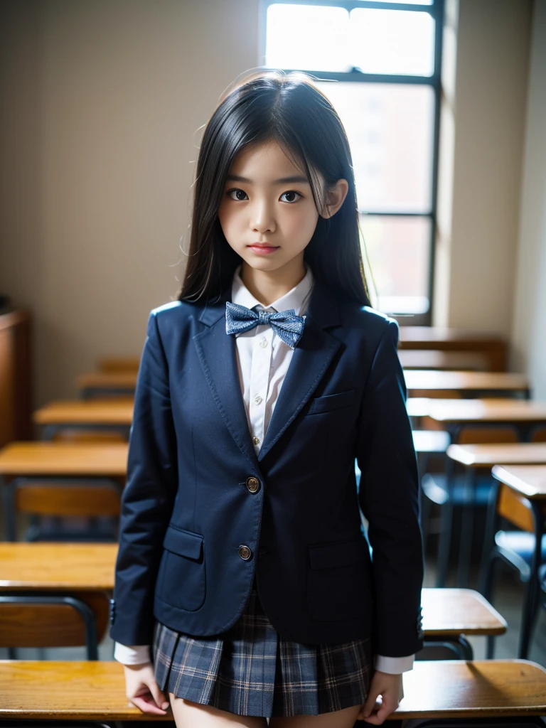 (masterpiece, highest quality:1.4), award-winning portraits, 8K, 85mm, alone, beautiful face, delicate girl, , (dark navy blazer jacket), dark navy skirt, long sleeve, violaces, gardenia, grace, Sophisticated, cute, teen, looking at the viewer, , Raw photo, disorganized, HDR, sharp focus, A bow tie, background bokeh、(((flat 、thin and delicate body、A childish atmosphere)))、Her shiny semi-long hair is tied up、hair swaying in the wind、Mole on the left cheek、large, round, dark blue eyes、full body、random pose、Junior idol、Nogizaka Idol、widening skirt、、mole under eye、sexy、inside the classroom、no panties