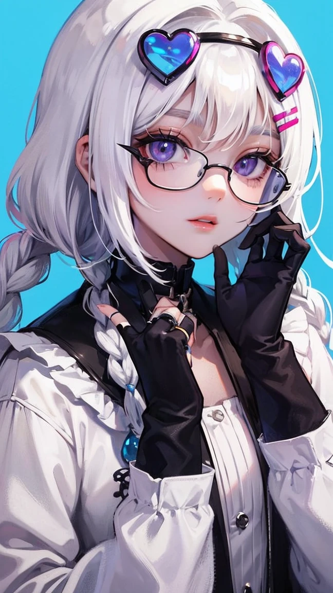masterpiece, best quality, 1girl, dark skin, solo, dark-skinned female, tongue out, white hair, eyewear on head, tongue, bandaid, looking at viewer, gloves, bangs, white gloves, purple eyes, sunglasses, long hair, :p, ring, braid, blue background, heart, bandaid on face, smile, hair ornament, tinted eyewear, jewelry, frills, twin braids, upper body, closed mouth