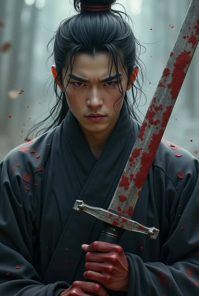 A man in his 20s, chinese black historical 
costume, holding a bloody sword, covered with blood, ashes in the air, sad eyes, sharp jawline, tear drop, chinese idol face, xianxia