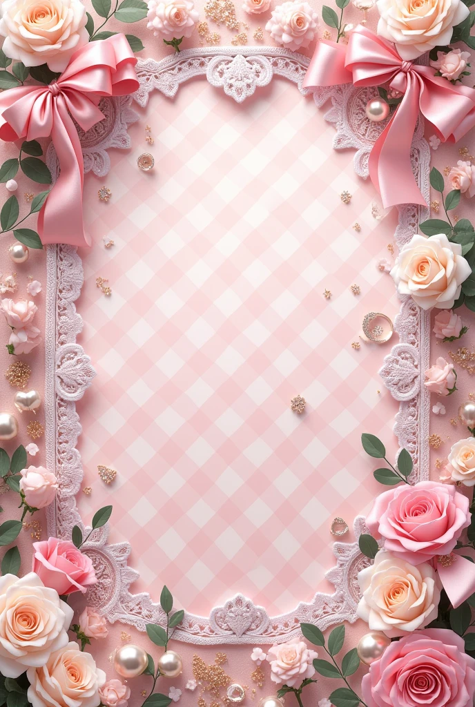 Pink check background Lots of satin bow ribbons Lots of Pastel Color Roses White Lace Satin Frill A lot of jewelry Rococo Antique High Resolution,
