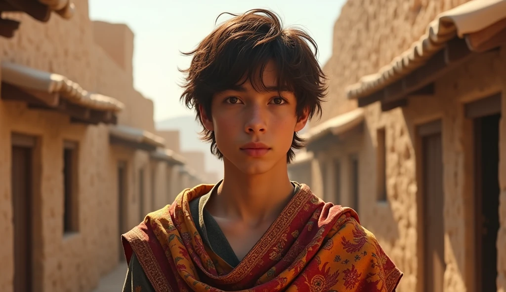 Create a young man of twenty years old, brown hair, black eyes, with a colorful tunic, in biblical times