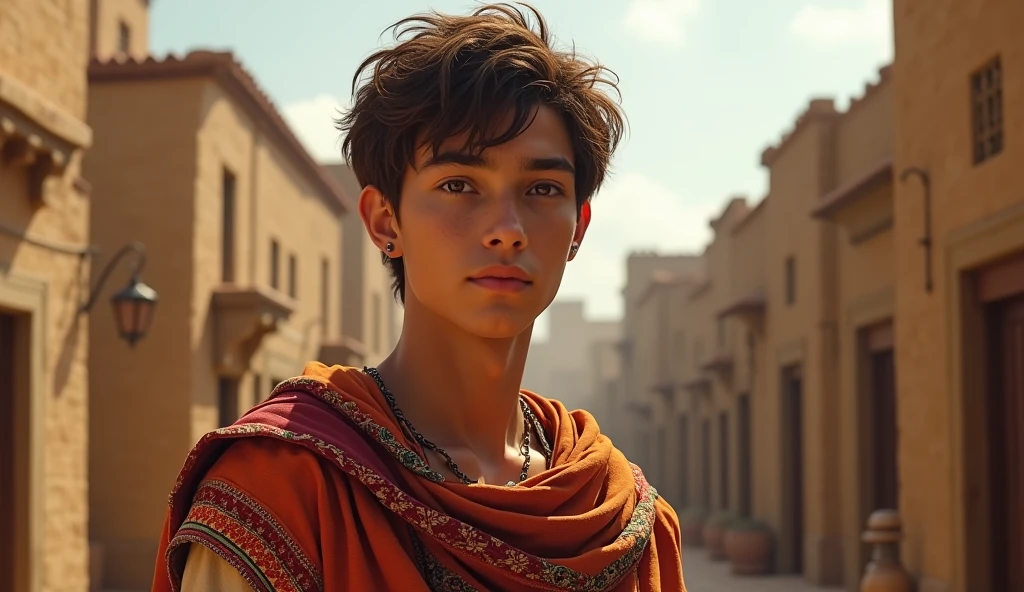 Create a young man of twenty years old, brown hair, black eyes, with a colorful tunic, in biblical times