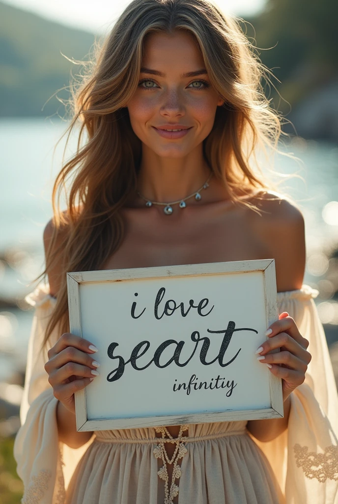 Beautiful girl with wavy long hair, bohemian dress, holding a white board with text "I Love Seaart Infinity" and showing it to the viewer