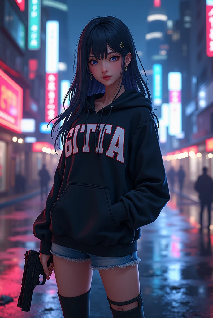 Create a character anime, {background: capital text “GLBK”, night city}, tanned skin,
realistic, HDR, beautiful, japan style, full body, use piastol, age 20, hoodie HD text: “GITTA”, female, long hair