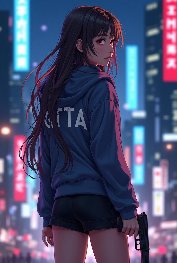 Create a character anime, {background: capital text “GLBK”, night city}, tanned skin,
realistic, HDR, beautiful, japan style, full body, use piastol, age 20, hoodie HD text: “GITTA”, female, long hair