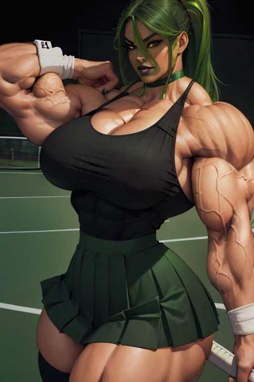 (((Close-up))), tall, (green hair) beautiful muscular woman, long curvy hair, brown skinned, large breast, closed smile, (black lipstick), (massive muscles), (hyper muscle), (((ginormous bulky muscles))), orange eyes, (((green tennis top))), (((long black pleated skirt))), (thigh high socks), choker, (holding tennis racket), sneakers, in a tennis court, 