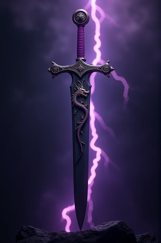 A Royal broad bastard sword of black colored blade and purple colored grip, having a dragon symbol on the blade of the sword. Background is to be of black night, violet colored lightning and thunder.