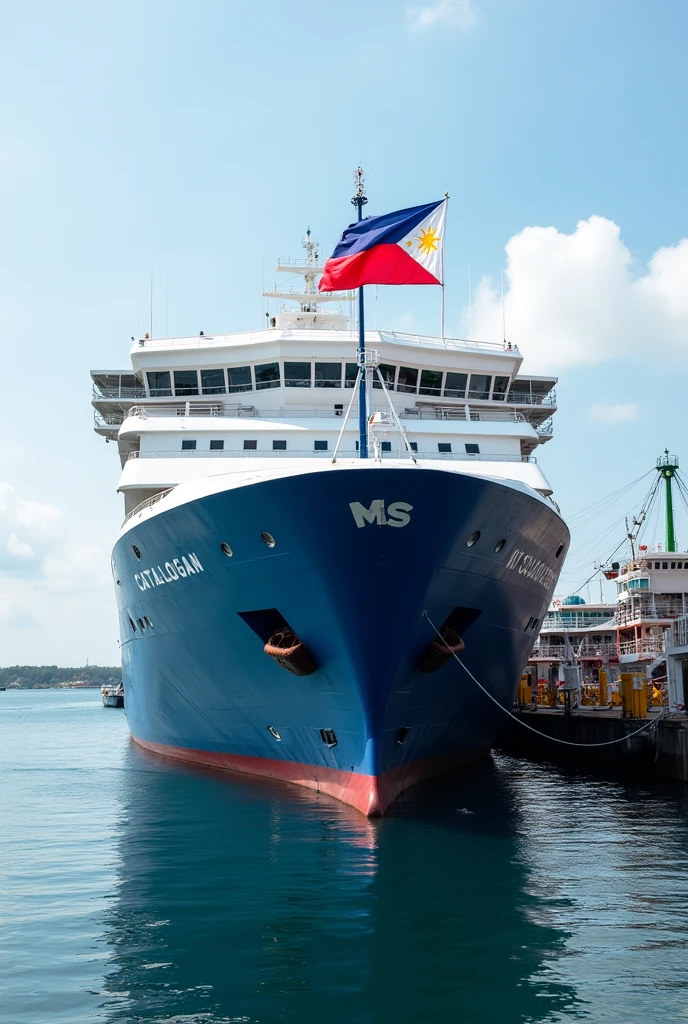 A cruise car ferry named MS Catbalogan with a blue hull and a philippine flag at Catbalogan port docking
