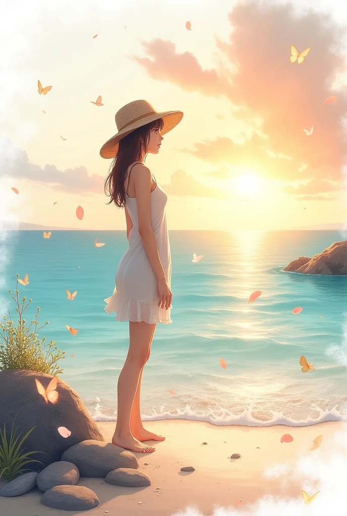 (white background:1.5),bottle bottom,1girl,(solo) wear sunhat,mid shot,full body, butterflies,floating petal,stone fragment,beautiful detailed water,cloud,sun,dusk,sunset,beautiful detailed cloud,ocean,sea waves,water splashes
